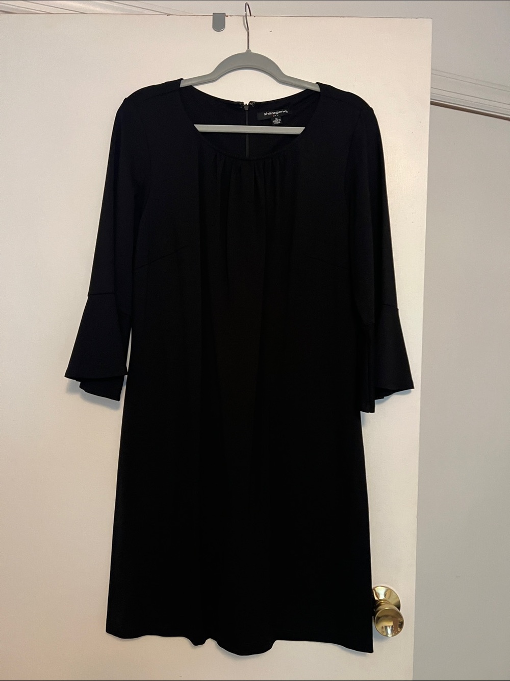 Sharagano Black Midi Shift Dress with Bell Sleeves